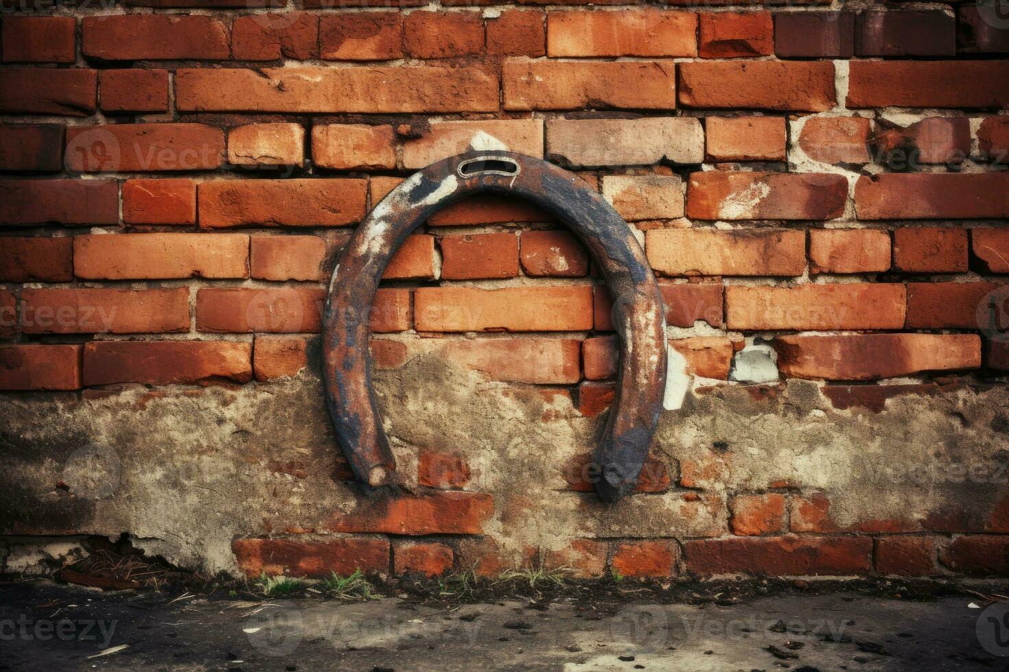 velho e oxidado ferradura em tijolo muro. foto