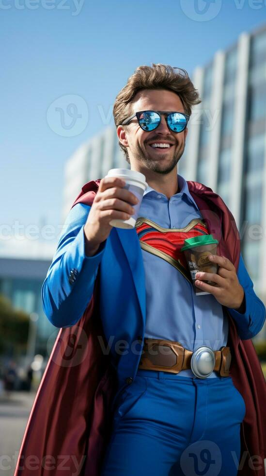 café, paisagem urbana, traje - a casual manhã do a fora de serviço herói ai generativo foto