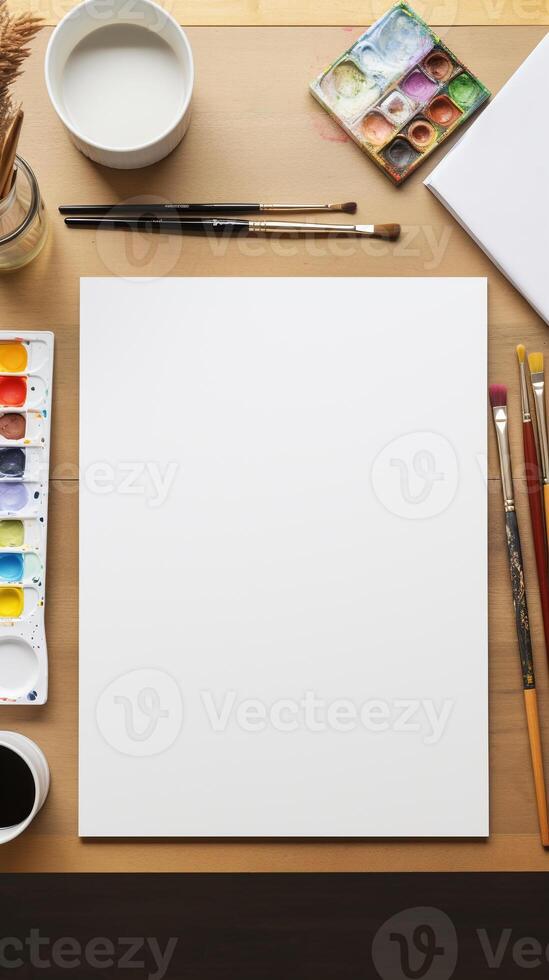 do artista área de trabalho com em branco tela de pintura e arte suprimentos ai generativo foto