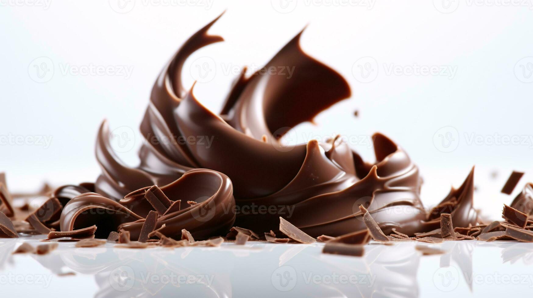 tentador macro tiro do chocolate aparas de madeira desenrolar a partir de quadra em branco fundo ai generativo foto