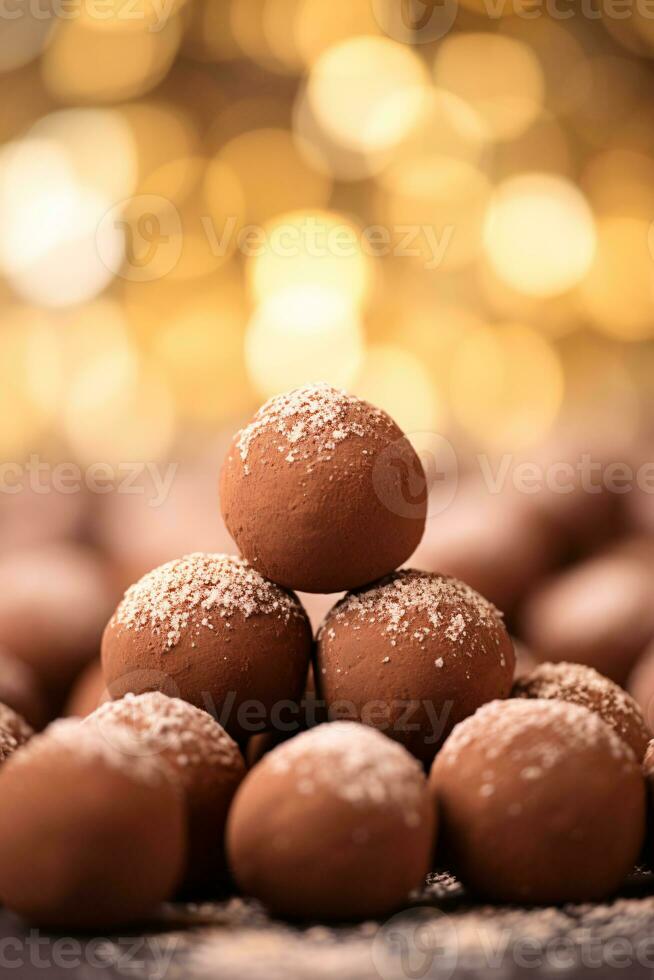 luxuoso leite chocolate trufas em brilhante polido superfície com bokeh efeito ai generativo foto