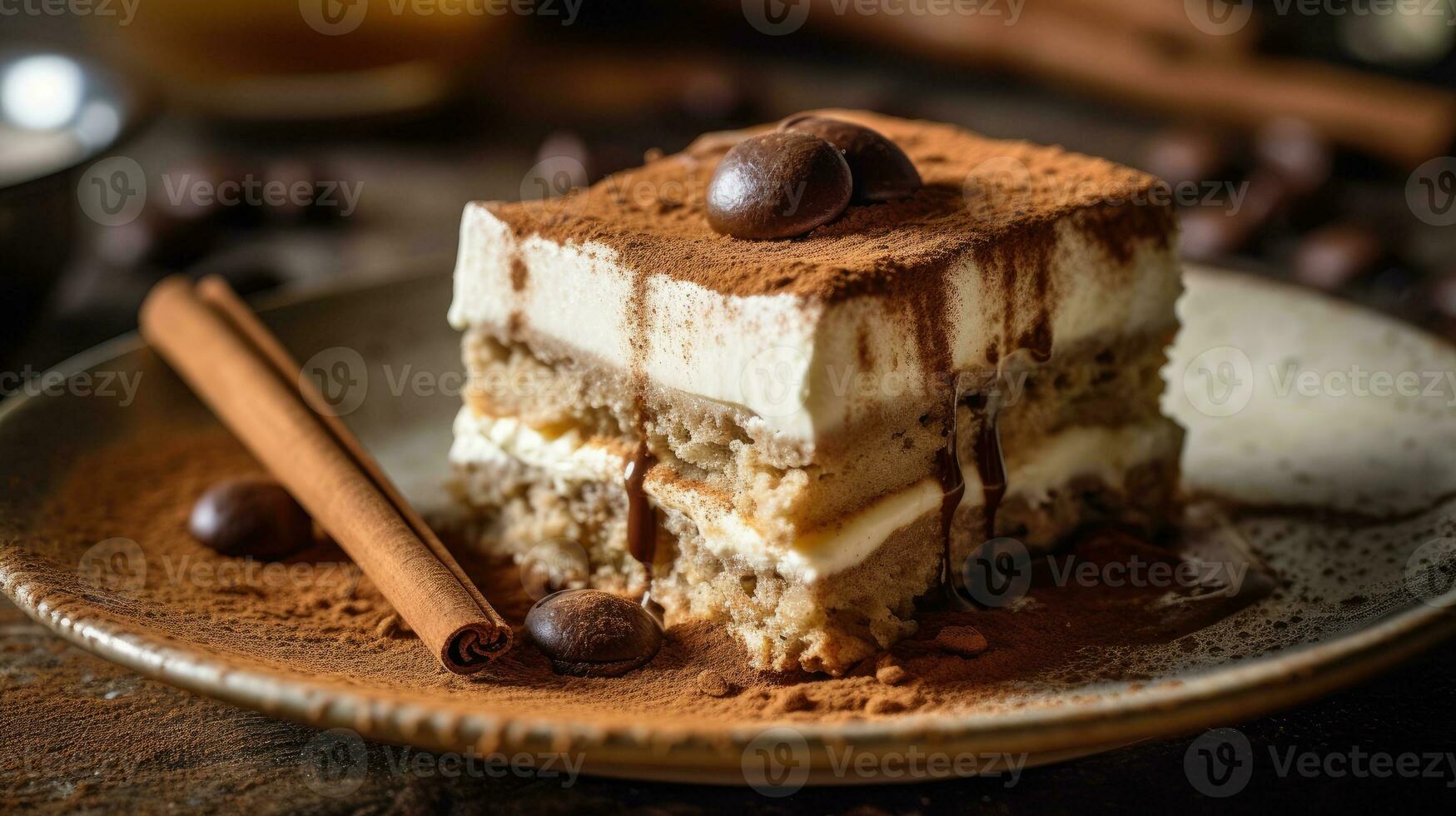 uma fechar-se revista qualidade tiro do uma belas em camadas Tiramisu com cremoso mascarpone e Empoeirado cacau ai gerado foto