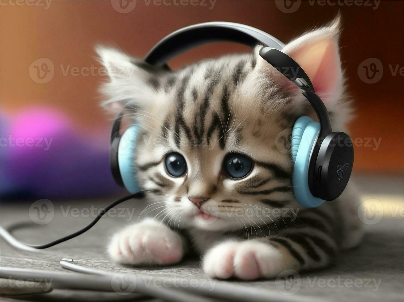 uma fofa pequeno gatinho vestindo fone de ouvido, ilustração de generativo ai foto