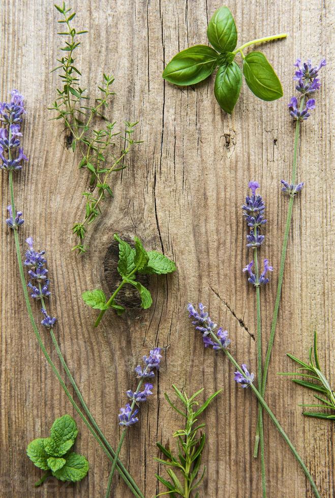 lavanda e ervas frescas em um velho fundo de madeira foto