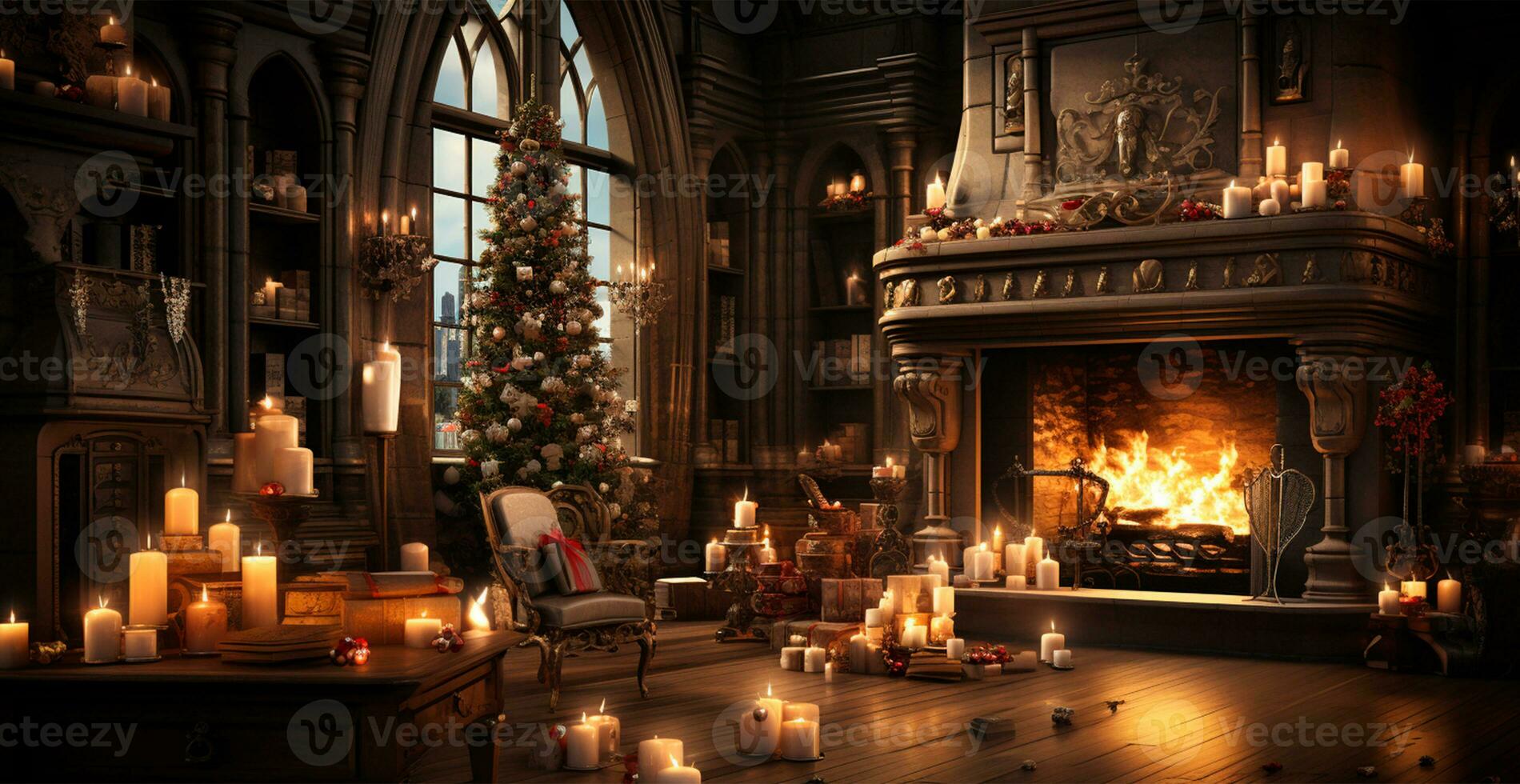 Novo anos presentes de a lareira, festivo Natal interior do uma casa com uma Natal árvore - ai gerado imagem foto