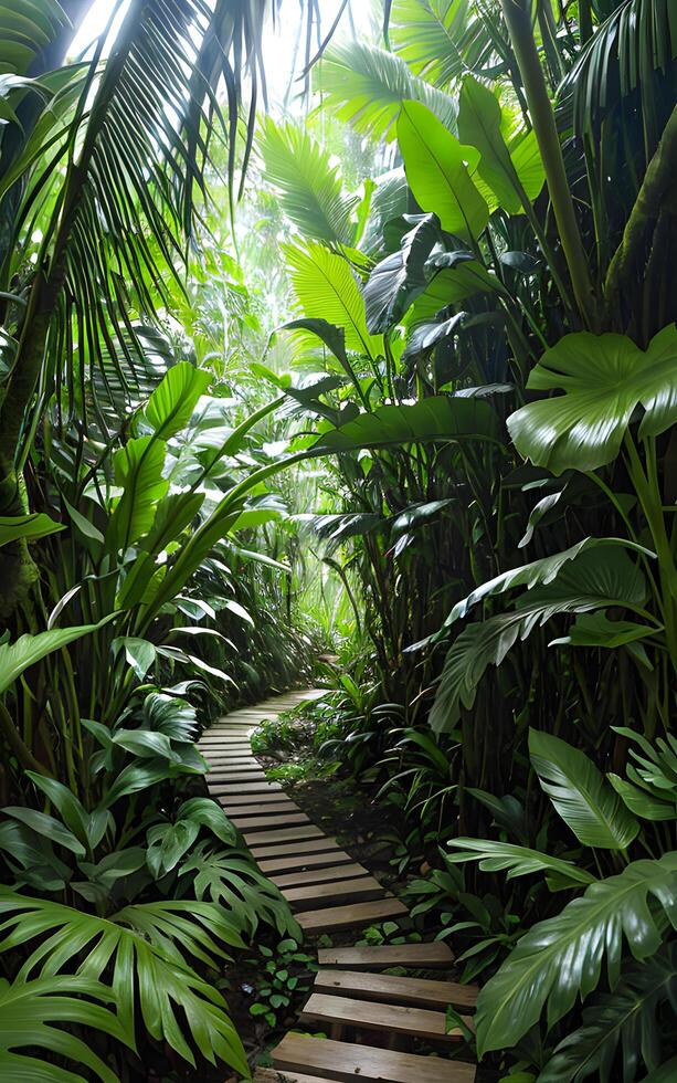 caminho dentro a selva meio Ambiente de verde folhagem do plantas. ai generativo foto