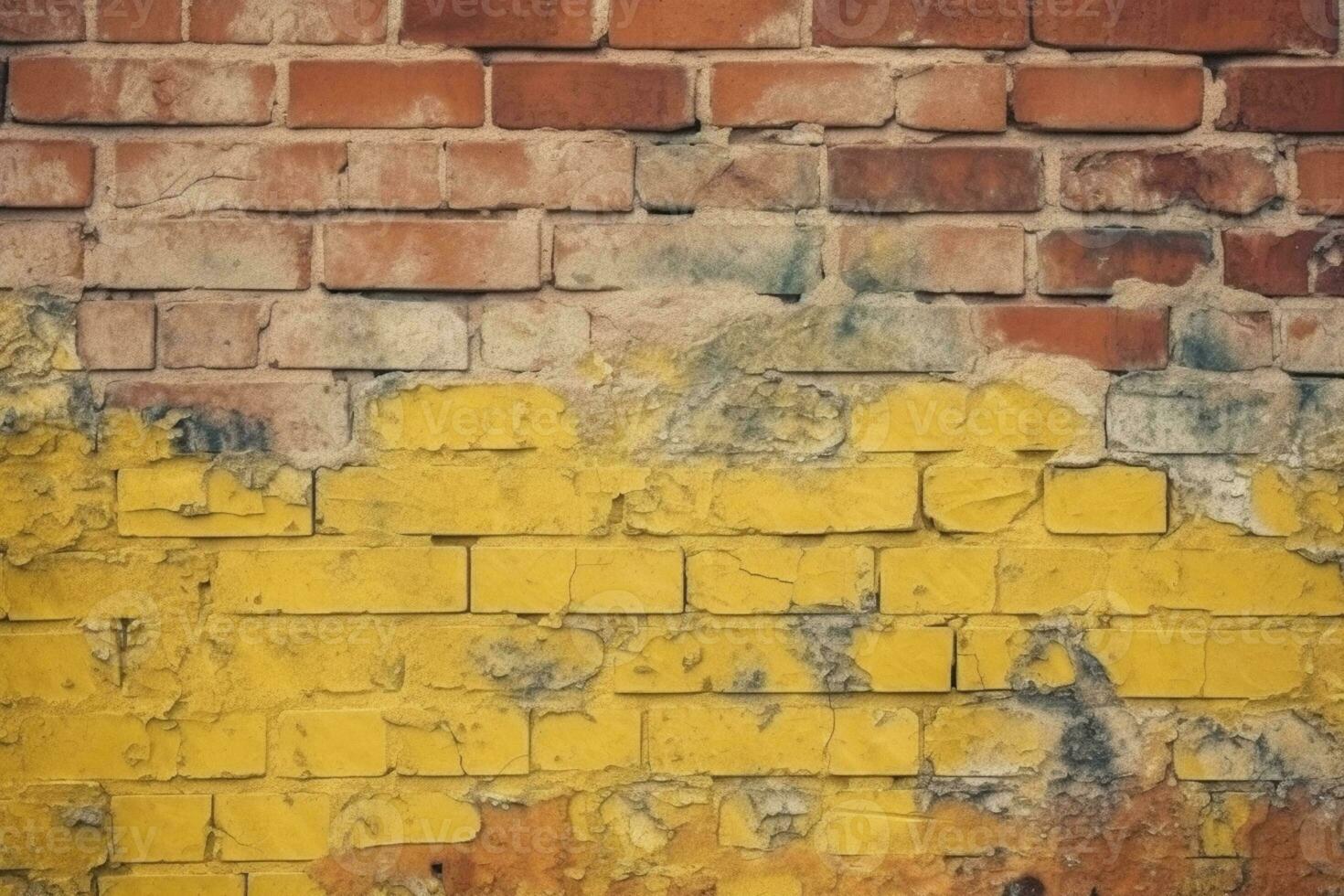 velho e resistido amarelo e vermelho tijolo parede, desatado padronizar pano de fundo. ai gerado foto