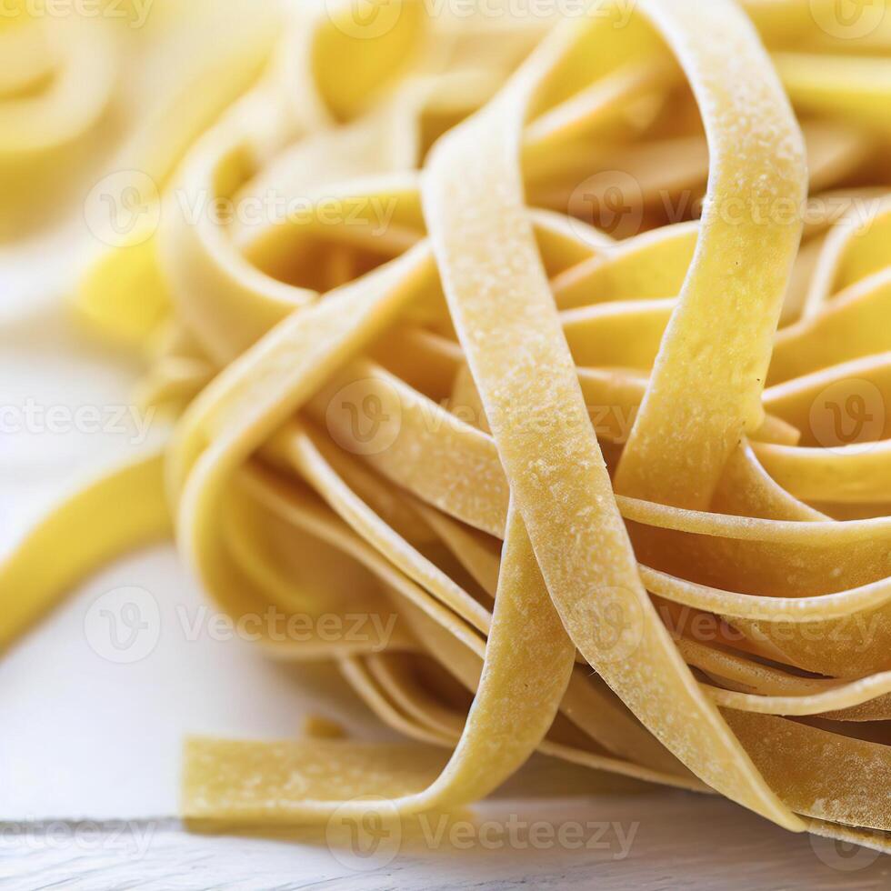 fechar acima do uma cru seco italiano massa fettuccine em branco de madeira mesa. ai generativo foto