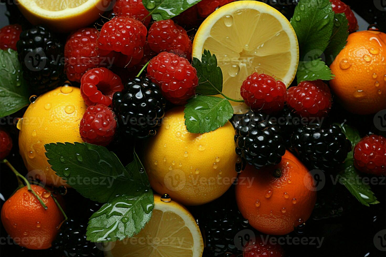 vívido fruta variedade, bagas, citrino, maçãs, liquidificado sucos uma vibrante, saudável conjunto ai gerado foto