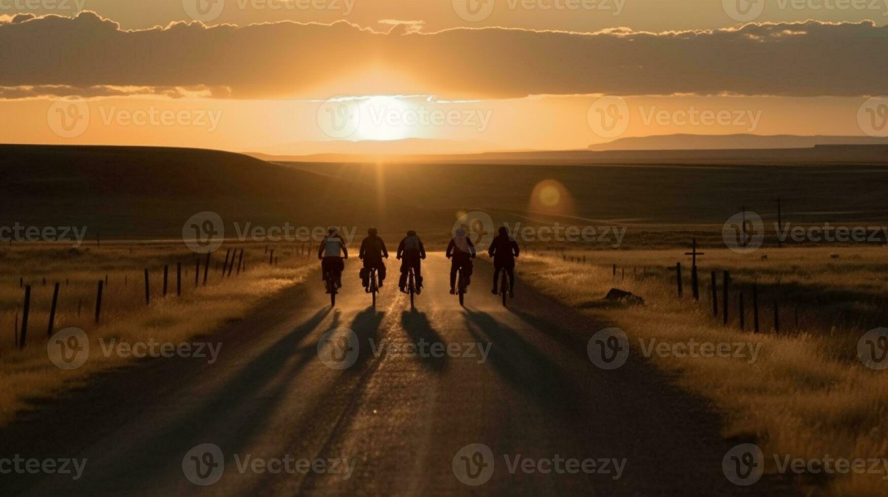 a liberdade do a aberto estrada, ciclistas em uma pôr do sol estrada - costas Visão ai gerado foto