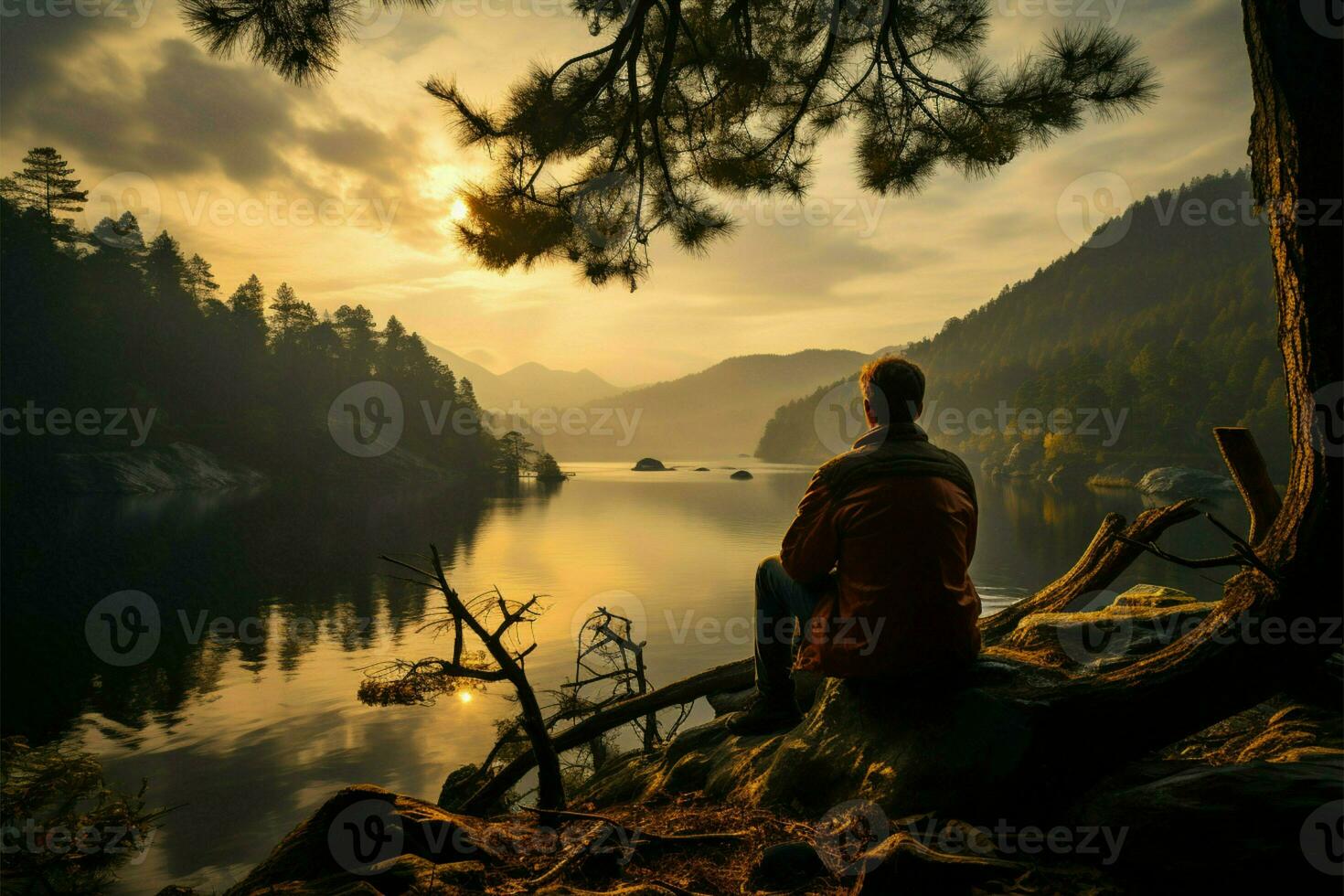 abraçando norueguês manhãs calma, homem em maca admira lago Visão entre pinheiros ai gerado foto