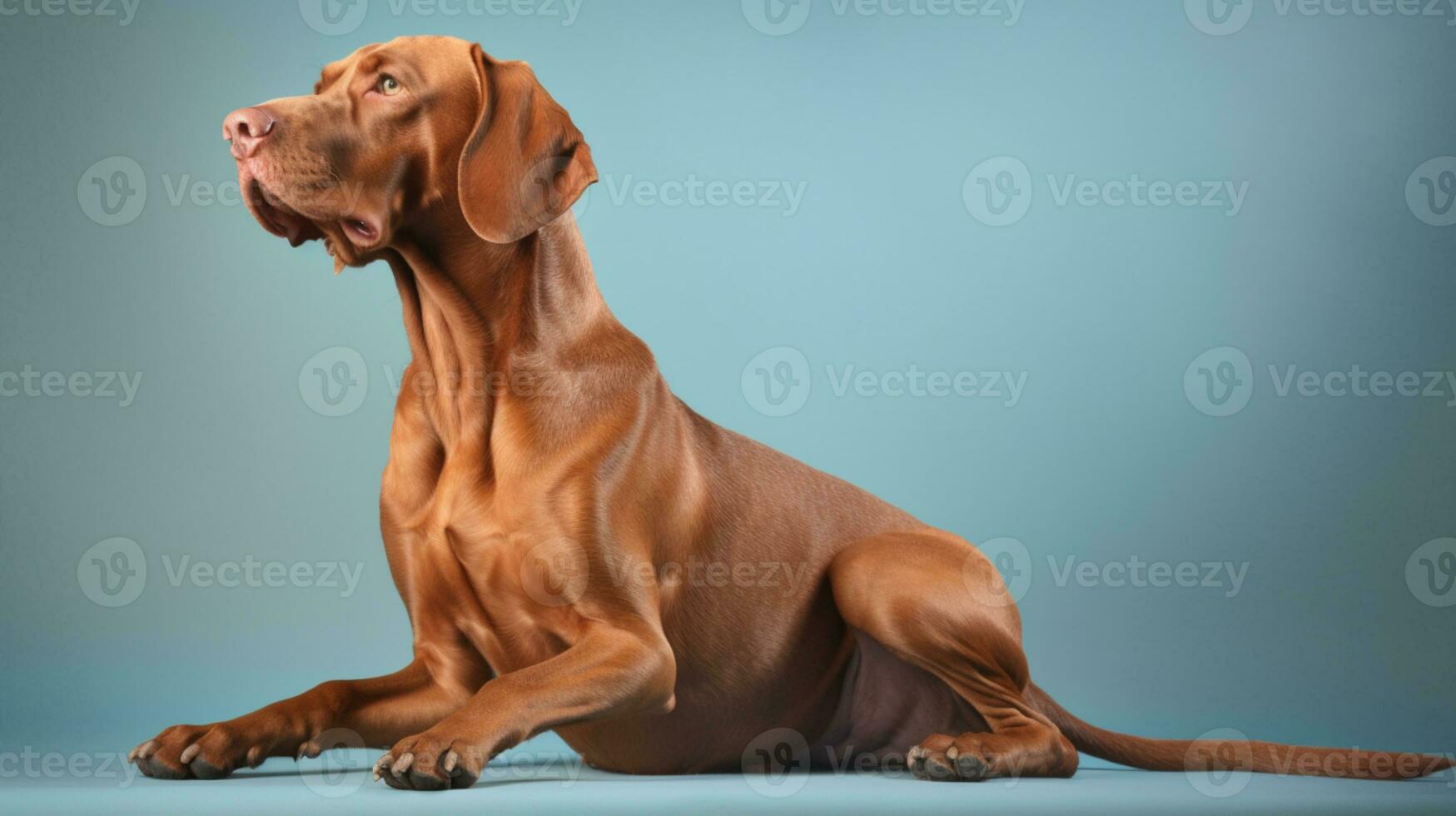 lindo húngaro vizsla cachorro cheio corpo estúdio retrato azul fundo ai gerado foto