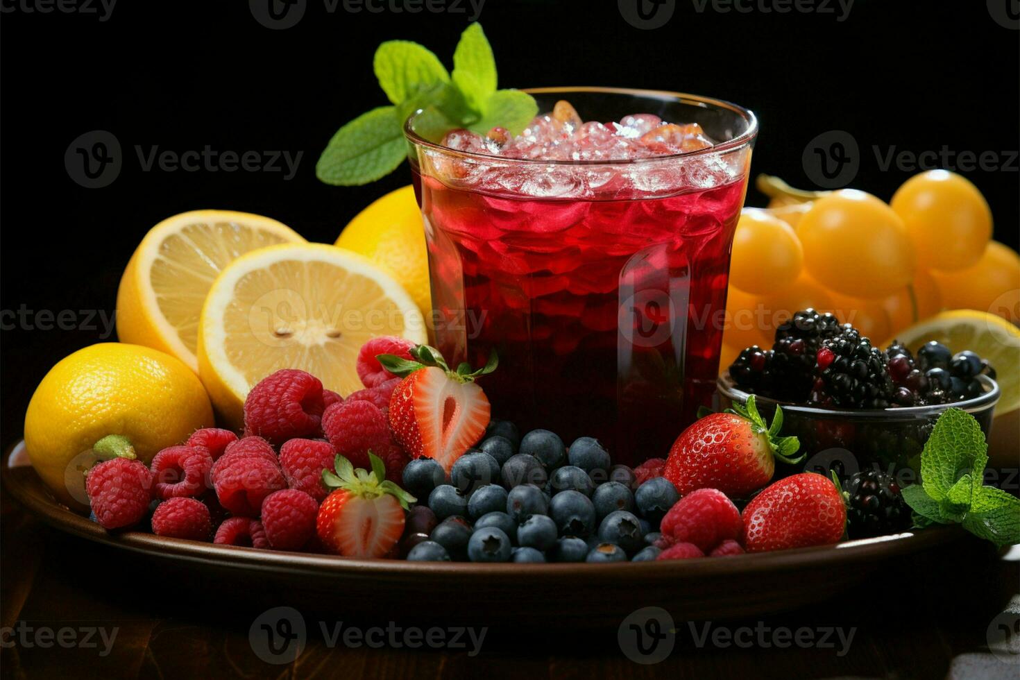 saudável mostrar, sortido fresco frutas bagas, citrino, maçãs suco preenchidas óculos colorida saúde ai gerado foto