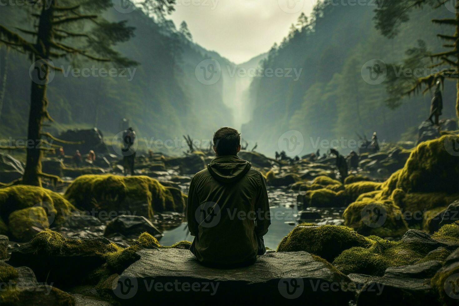 às florestas borda, homem sentado voltado para para fora, oferta costas Visão perspectiva ai gerado foto