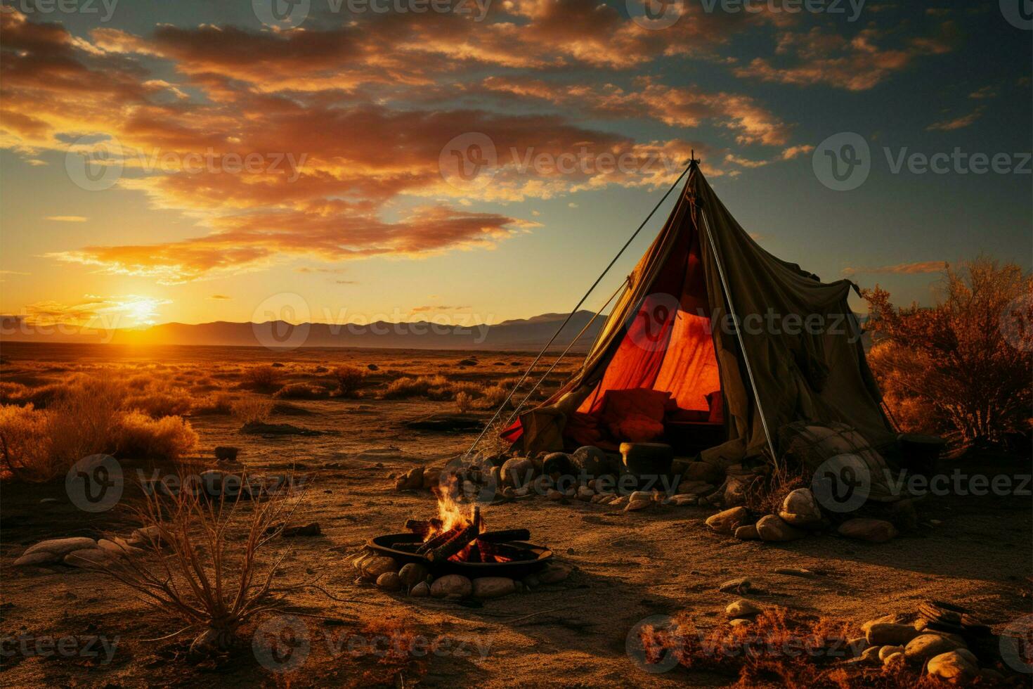 deserto solidão acampamento sozinho no meio arenoso região selvagem, longe a partir de movimentado mundo ai gerado foto
