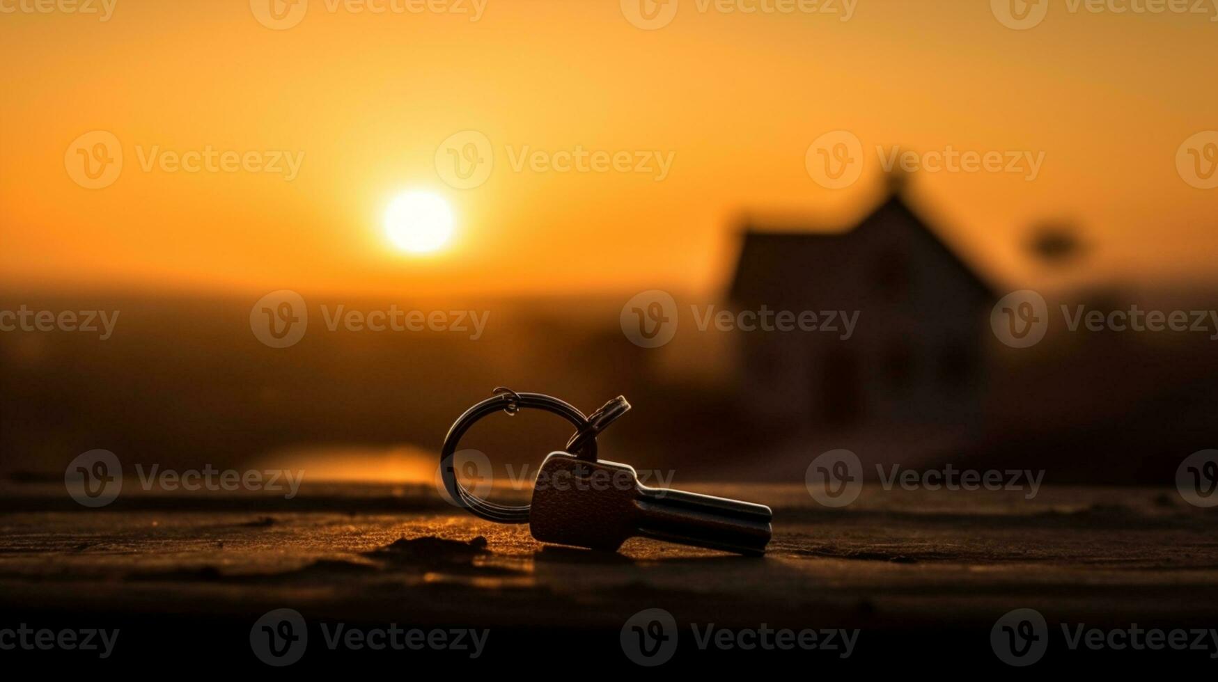 silhueta do uma casa figura com uma chave, uma caneta com uma chaveiro em a fundo do a pôr do sol ai gerado foto