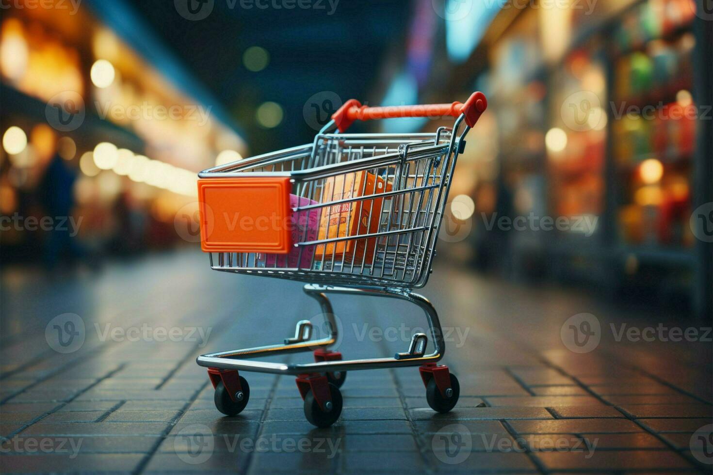 supermercado farra compras carrinho contra borrado loja bokeh pano de fundo captura varejo ambiente ai gerado foto