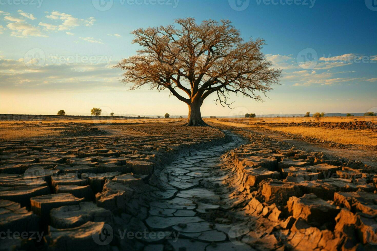 solitário árvore cresce em rachado terra, exemplificando clima alterar seca dirigido consequências ai gerado foto