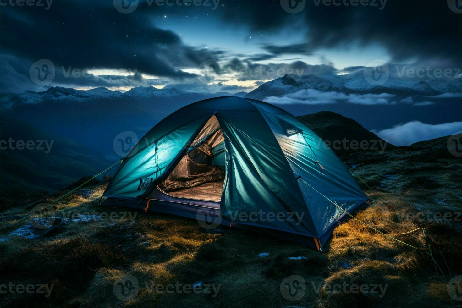 noturno abrigo barraca carrinhos no meio escuridão, uma refúgio debaixo a estrelado céu ai gerado foto