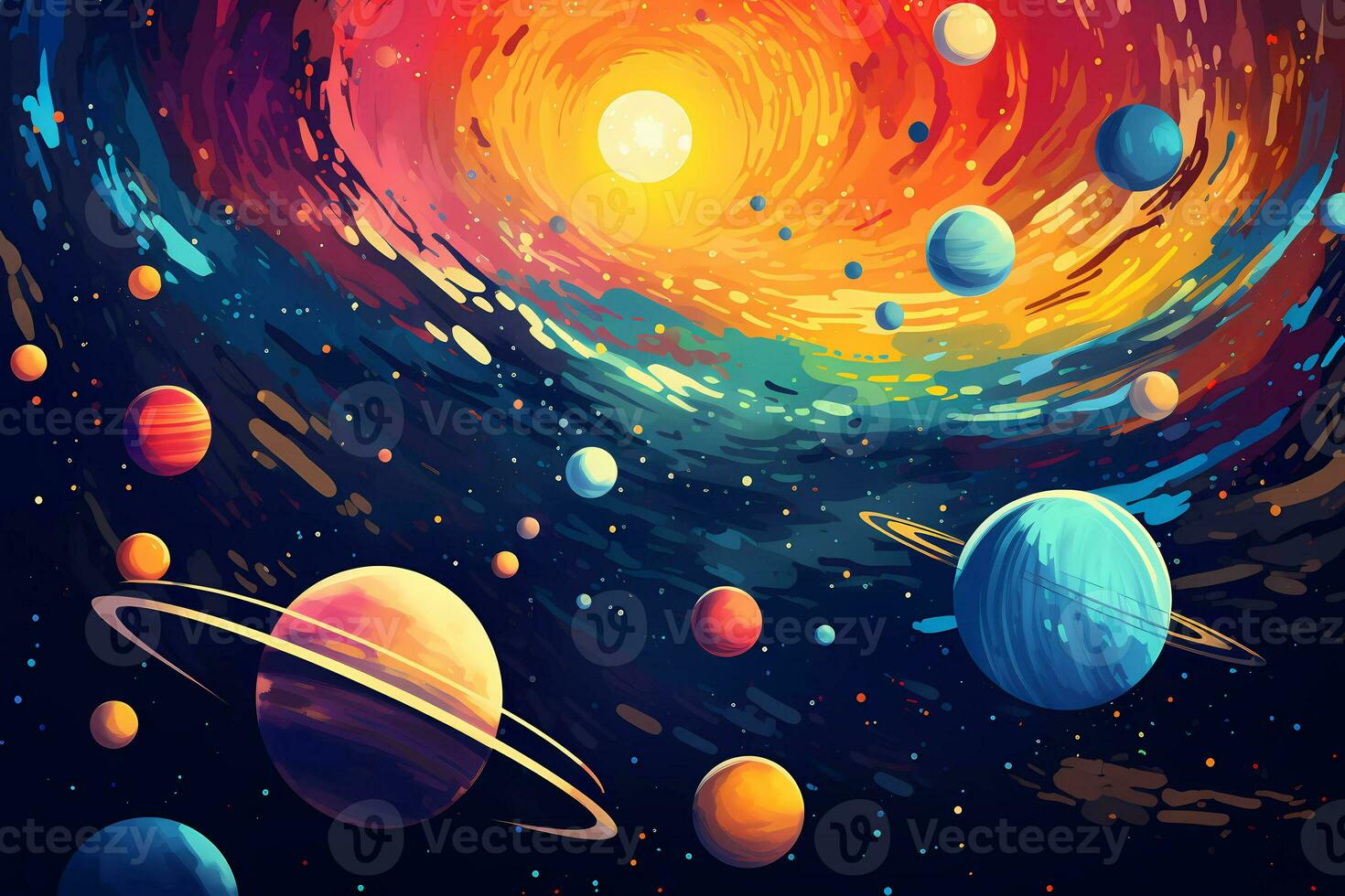 uma poster para a universo com planetas e estrelas. astronômico galáxia espaço foto