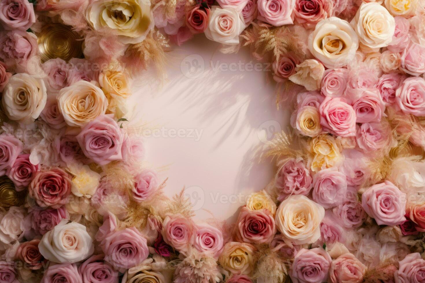 romântico Casamento fundo apresentando ouro argolas, eustoma rosas, e delicado Rosa penas. ai gerado foto