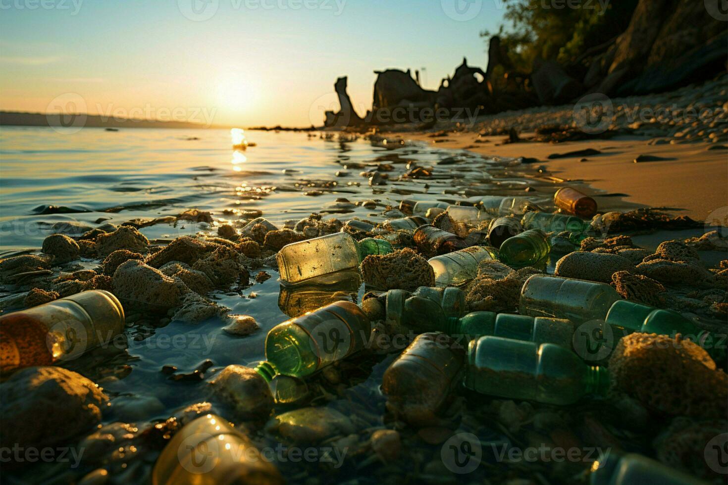 Lixo montar paisagem praiana, plástico garrafas acentuando a impacto do costeiro poluição ai gerado foto