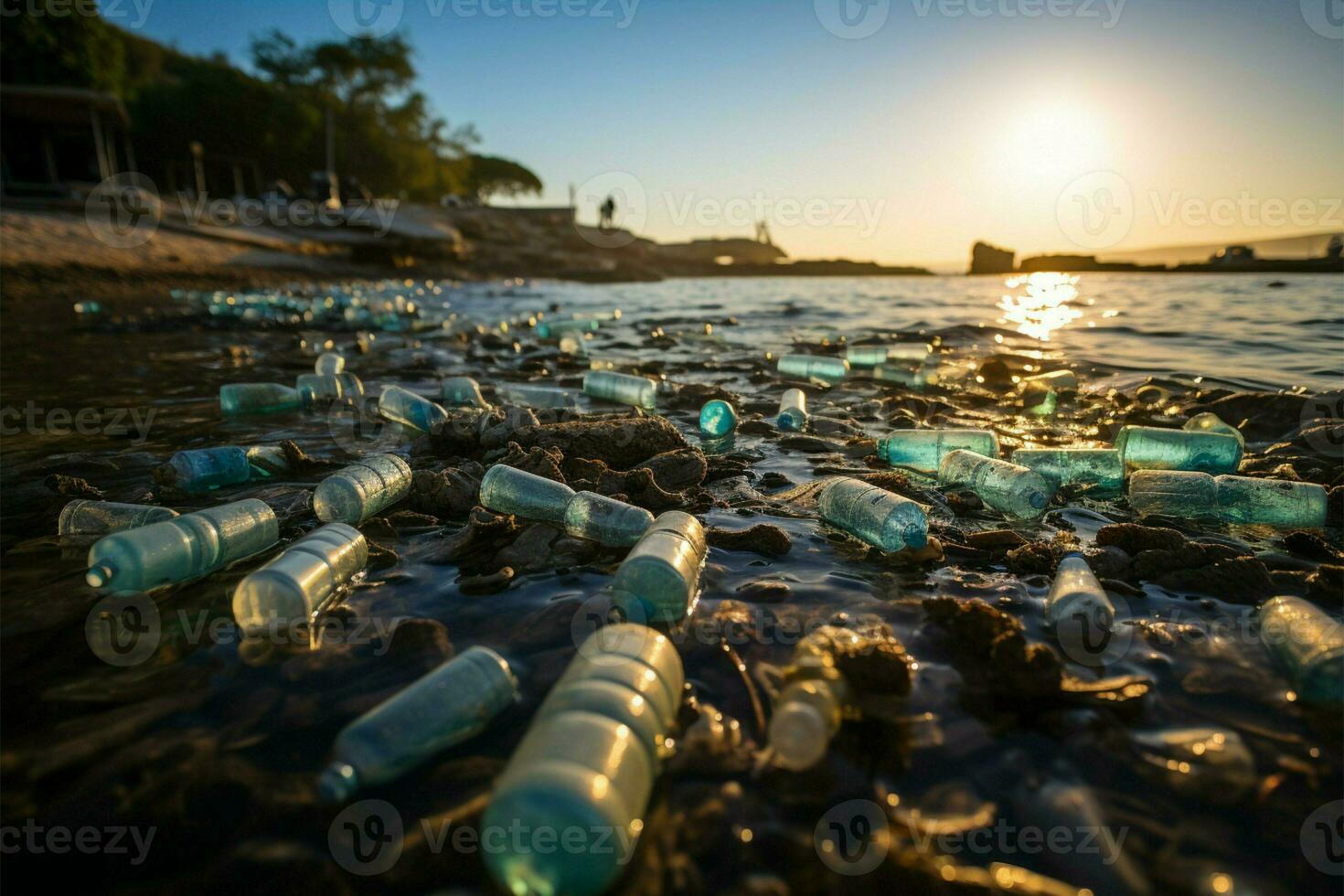 costeiro área espalhado com plástico garrafas e desperdício, retratando consequências do de praia poluição ai gerado foto