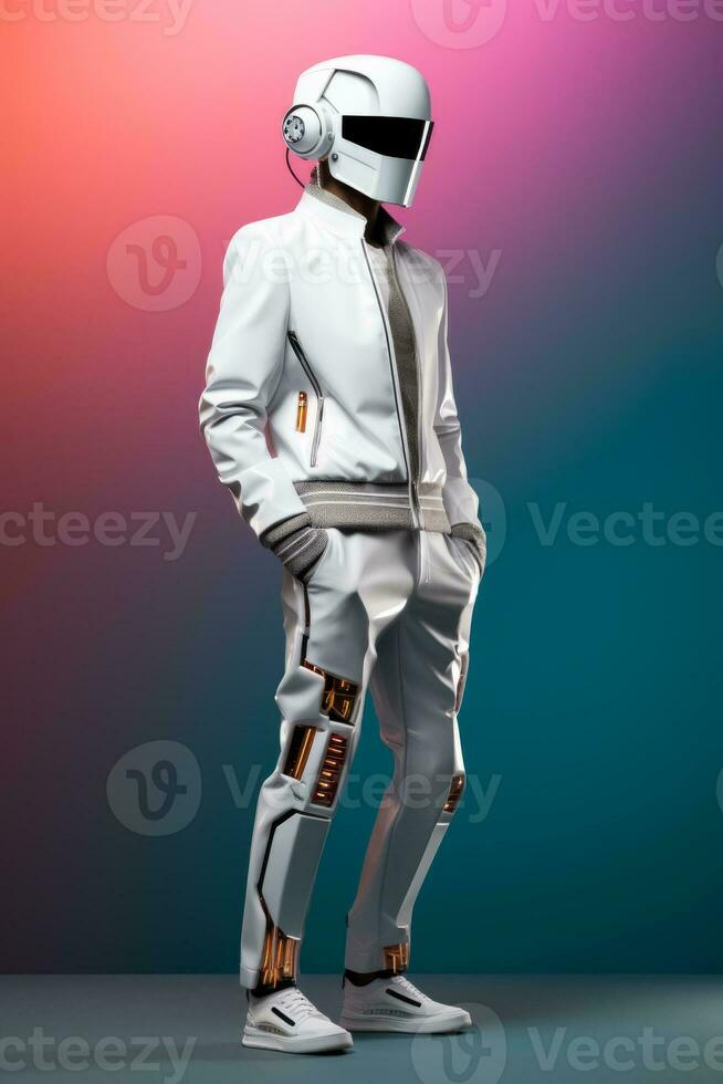 robótico modelo exibindo minimalista vestuário isolado em uma néon gradiente fundo foto