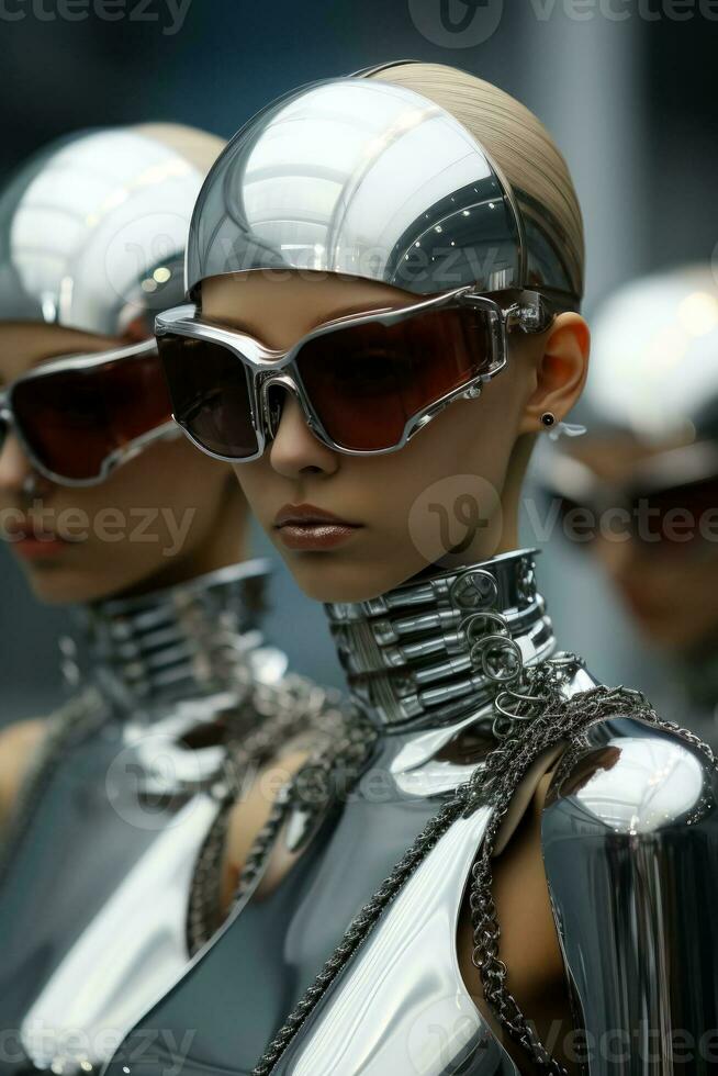 cibernético mulheres vestido dentro minimalista metálico vestuário escorrendo vanguarda futurismo dentro uma monocromático configuração foto