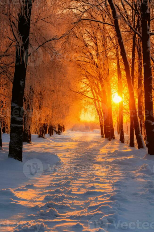 inverno pôr do sol iluminador coberto de gelo floresta fundo com esvaziar espaço para texto foto