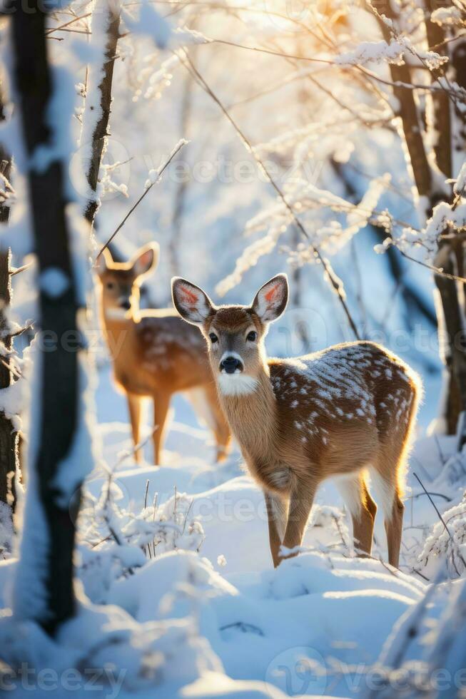 veado forrageamento dentro uma coberto de neve região selvagem representando animais selvagens luta dentro extremo frio foto