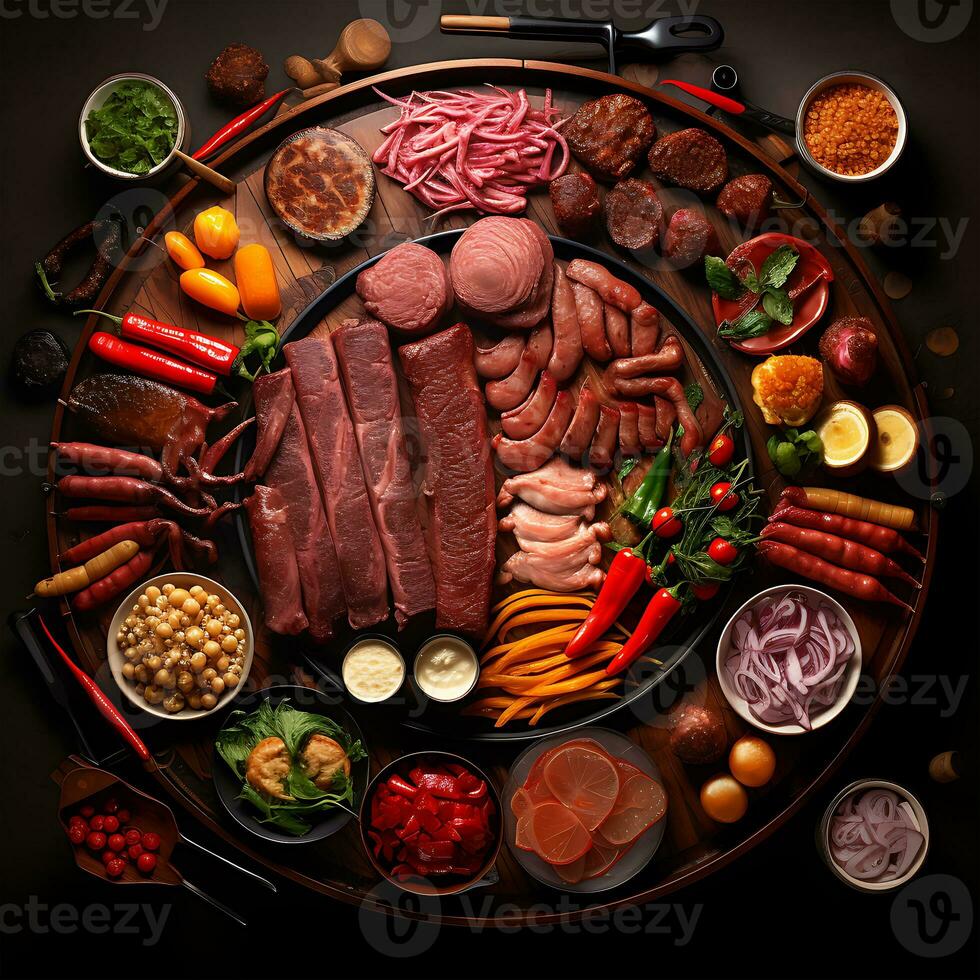 grelhado carne com uma variedade do carnes em uma prato perfeito Aperitivo gerado de ai foto