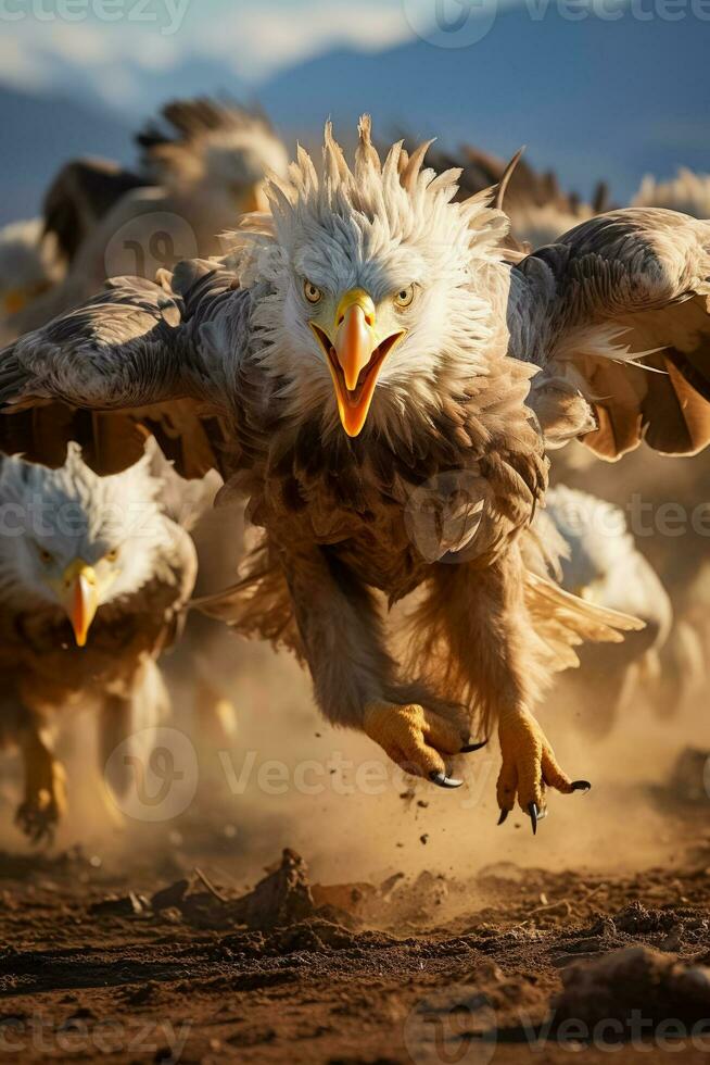 uma grupo do determinado pássaros agressivamente arremesso baixa em uma predador ferozmente defendendo seus ninhos dentro a região selvagem foto