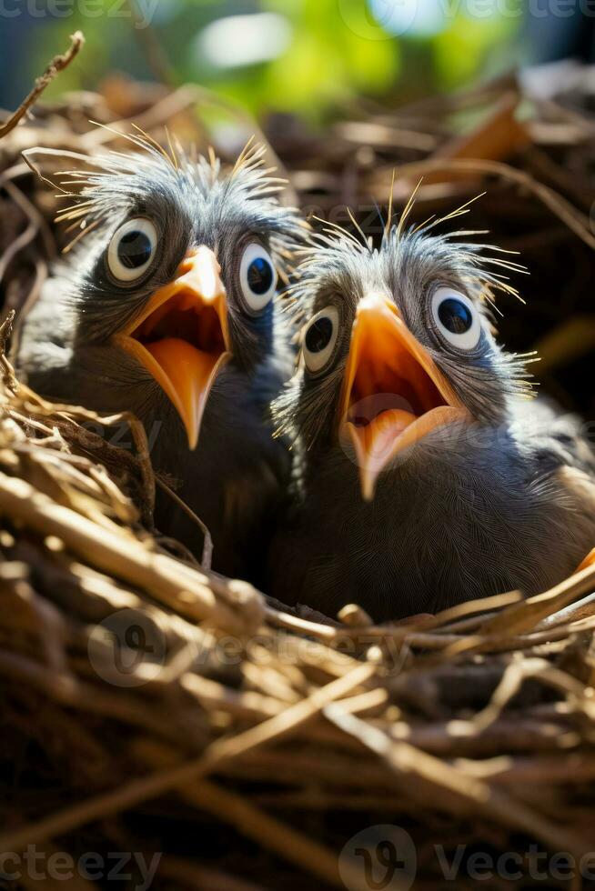aparência feroz Bravo pássaros ferozmente guardando seus ninhos dentro uma exuberante natural configuração fundo com esvaziar espaço para texto foto