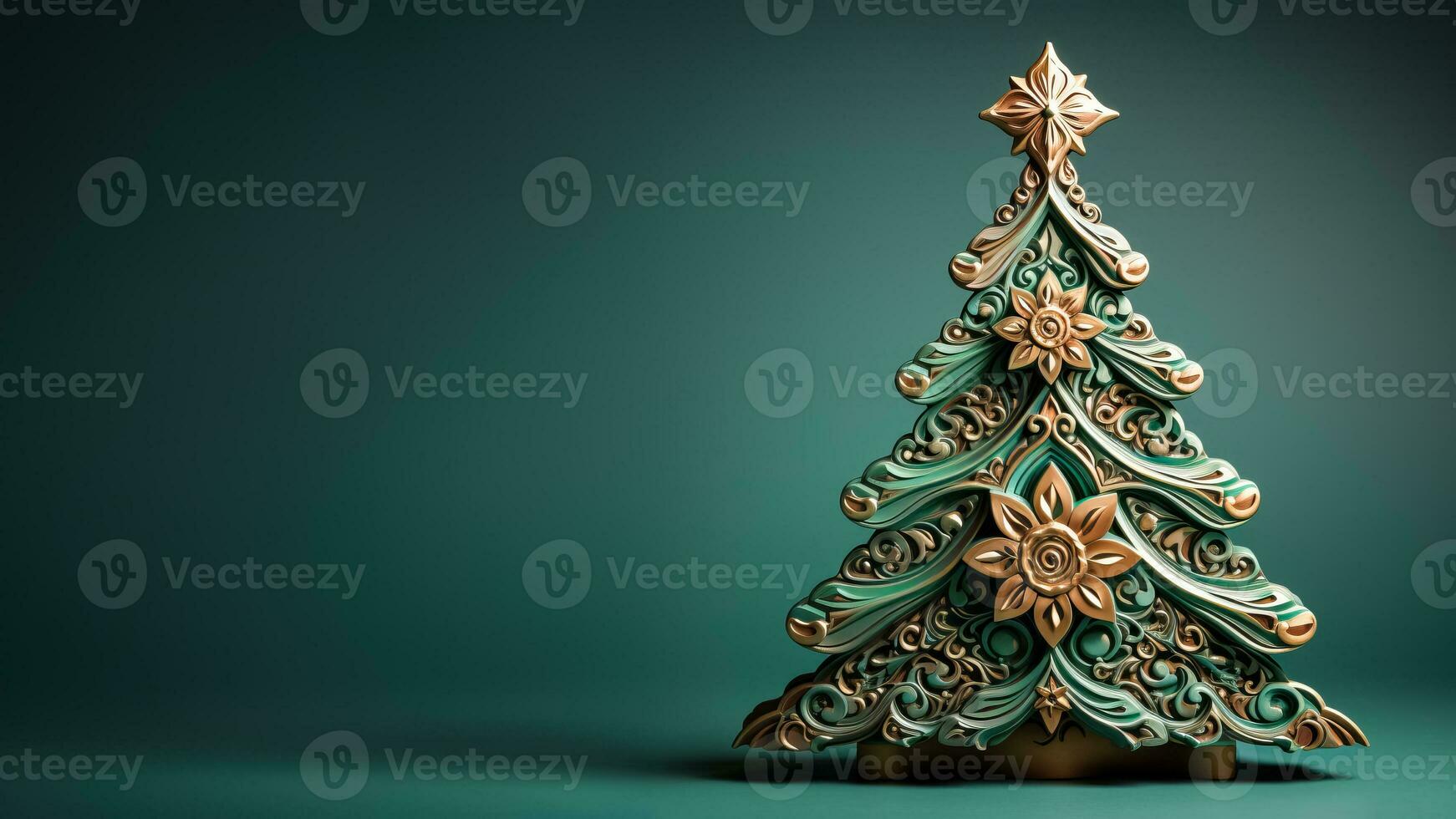 esculpido à mão de madeira Natal árvore adornado com vintage lata Estrela isolado em uma pinho verde para céu azul gradiente fundo foto