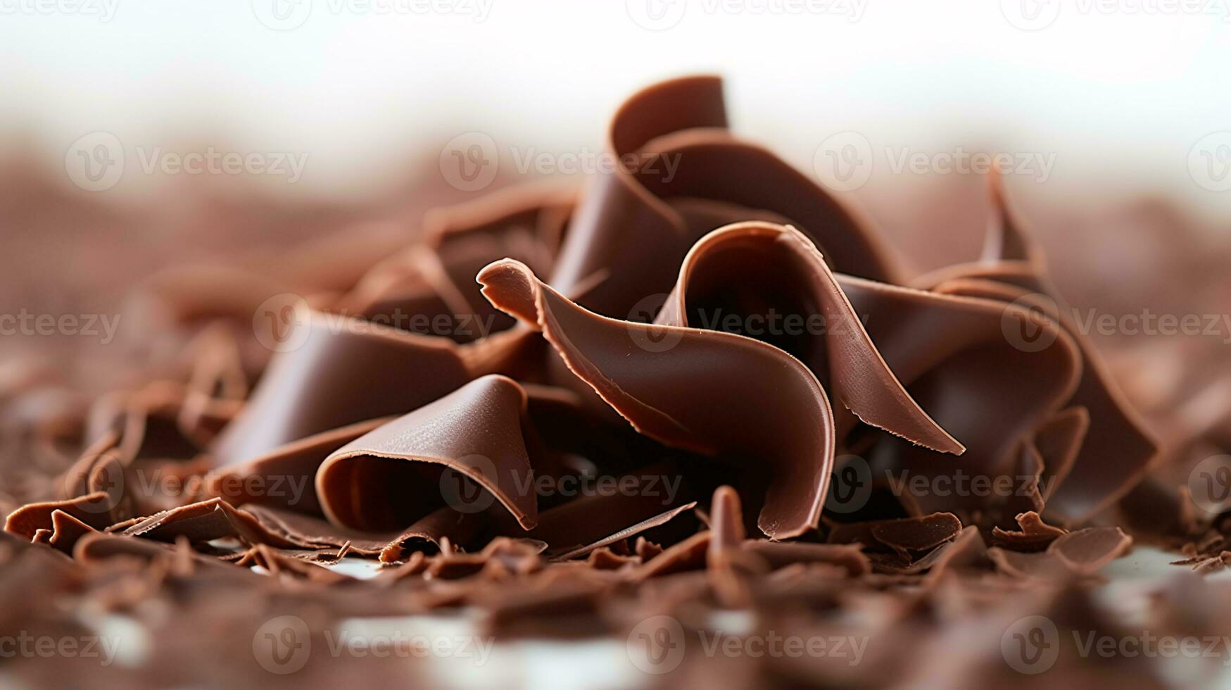 tentador macro tiro do chocolate aparas de madeira desenrolar a partir de quadra em branco fundo ai generativo foto