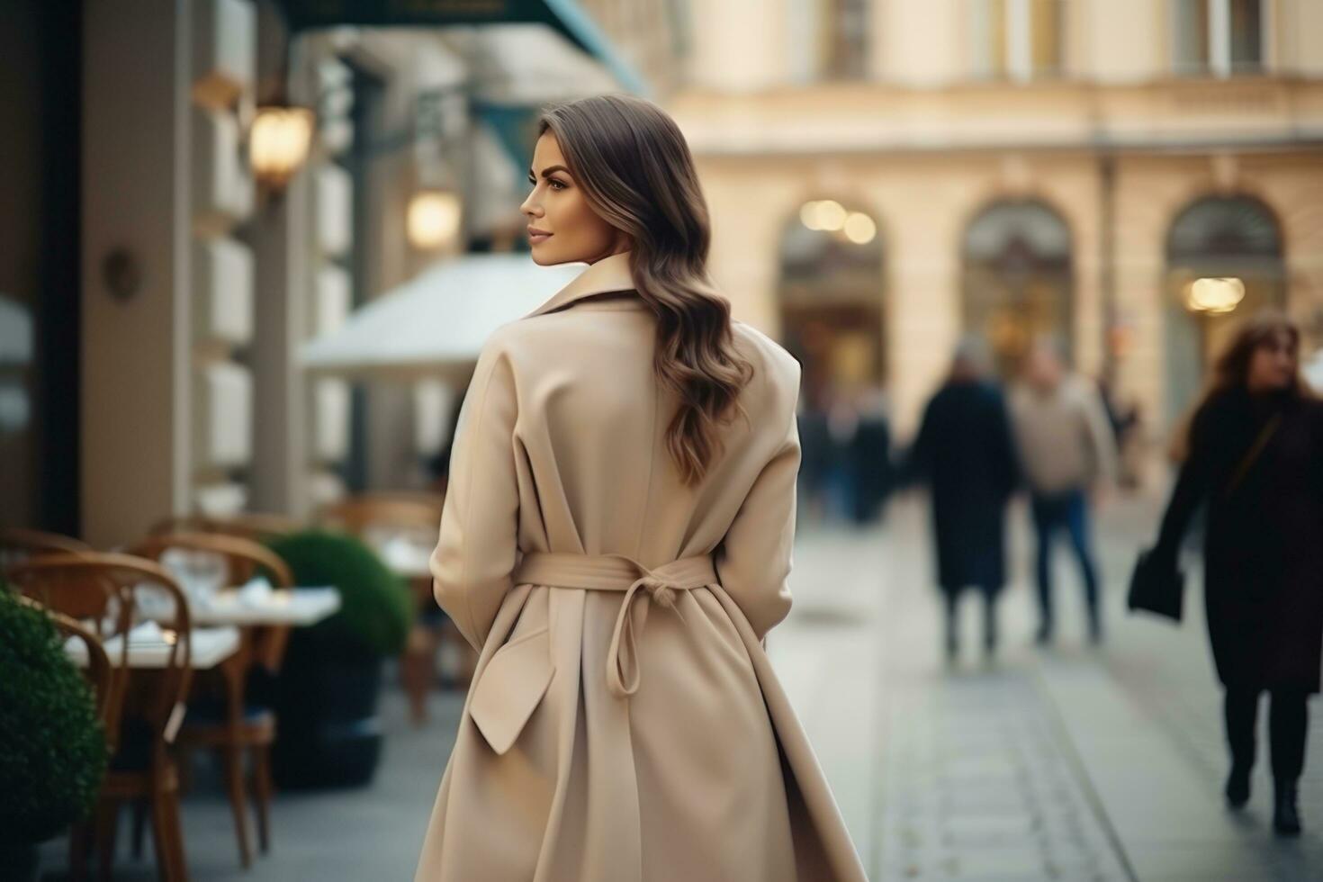 jovem mulher vestindo uma bege casaco e caminhando em uma rua. foto