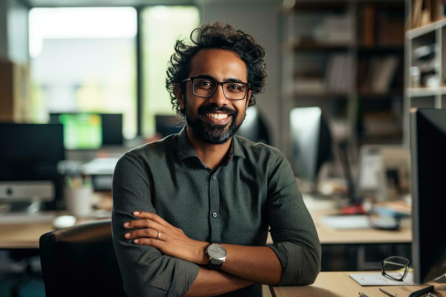 a indiano homem sorrisos e é sorridente dentro a escritório. foto