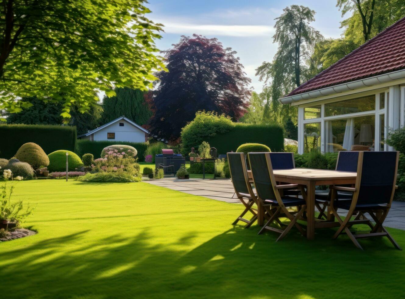 a elegante jardim para relaxar dentro a verão foto