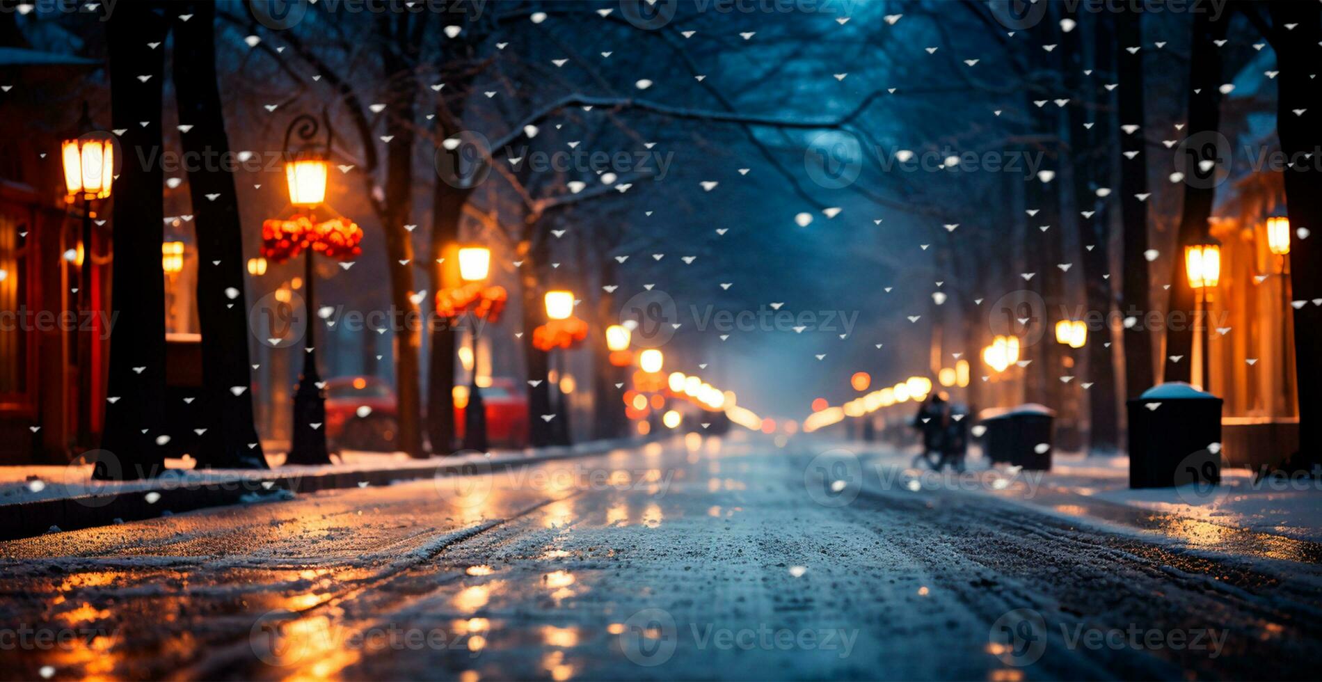 noite Nevado Natal americano cidade boston, Novo ano feriado, borrado fundo - ai gerado imagem foto