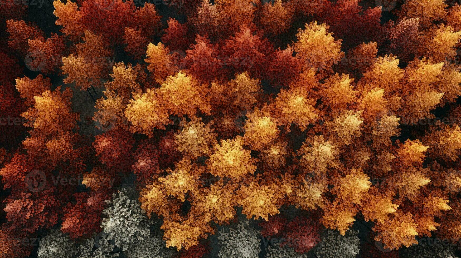 aéreo Visão do a encantador outono floresta com vibrante matizes do laranja, vermelho, e ouro ai generativo foto