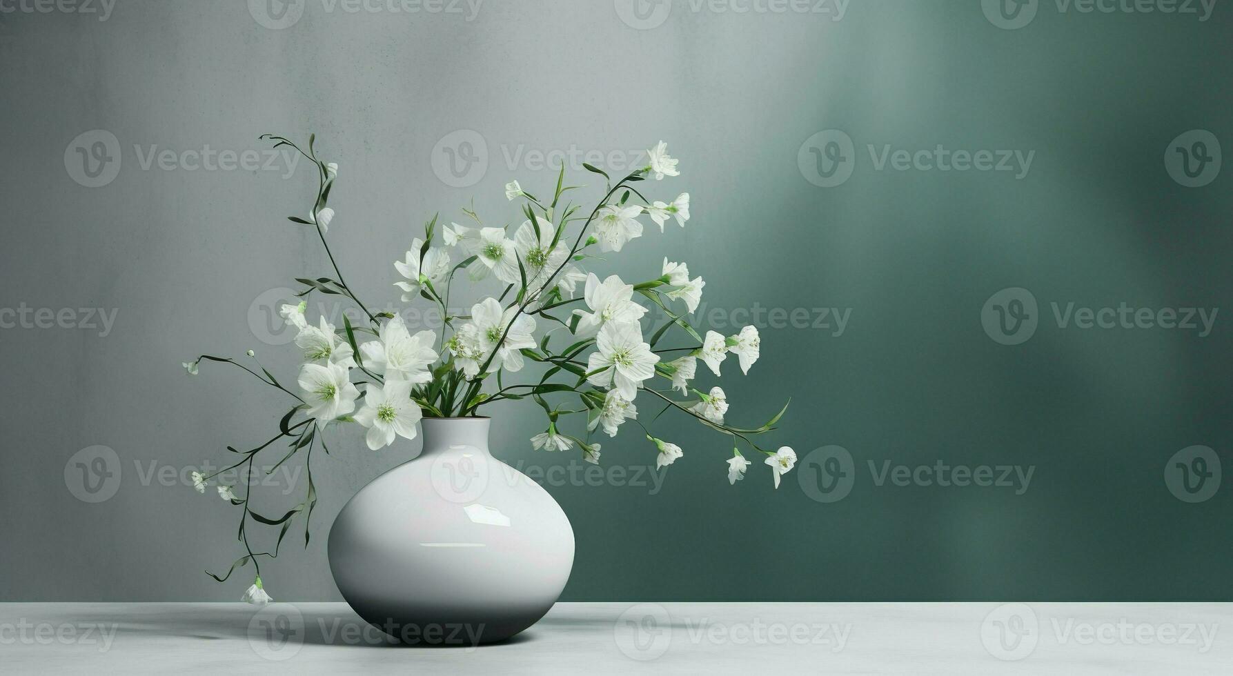 branco cerâmico vaso com florescendo flores galhos dentro luz solar a partir de janela em esmeralda cinzento parede, sombra em branco chão para decoração, luxo Cosmético, cuidados com a pele beleza produtos fundo, ai generativo foto