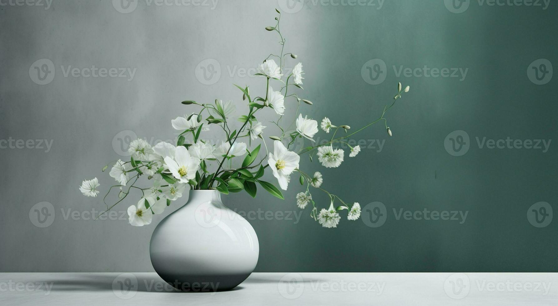 branco vaso com branco florescendo flores dentro luz solar a partir de janela em pastel esmeralda cinzento parede, sombra em branco chão para decoração, luxo cosméticos, cuidados com a pele, beleza produtos mostrar, ai generativo foto