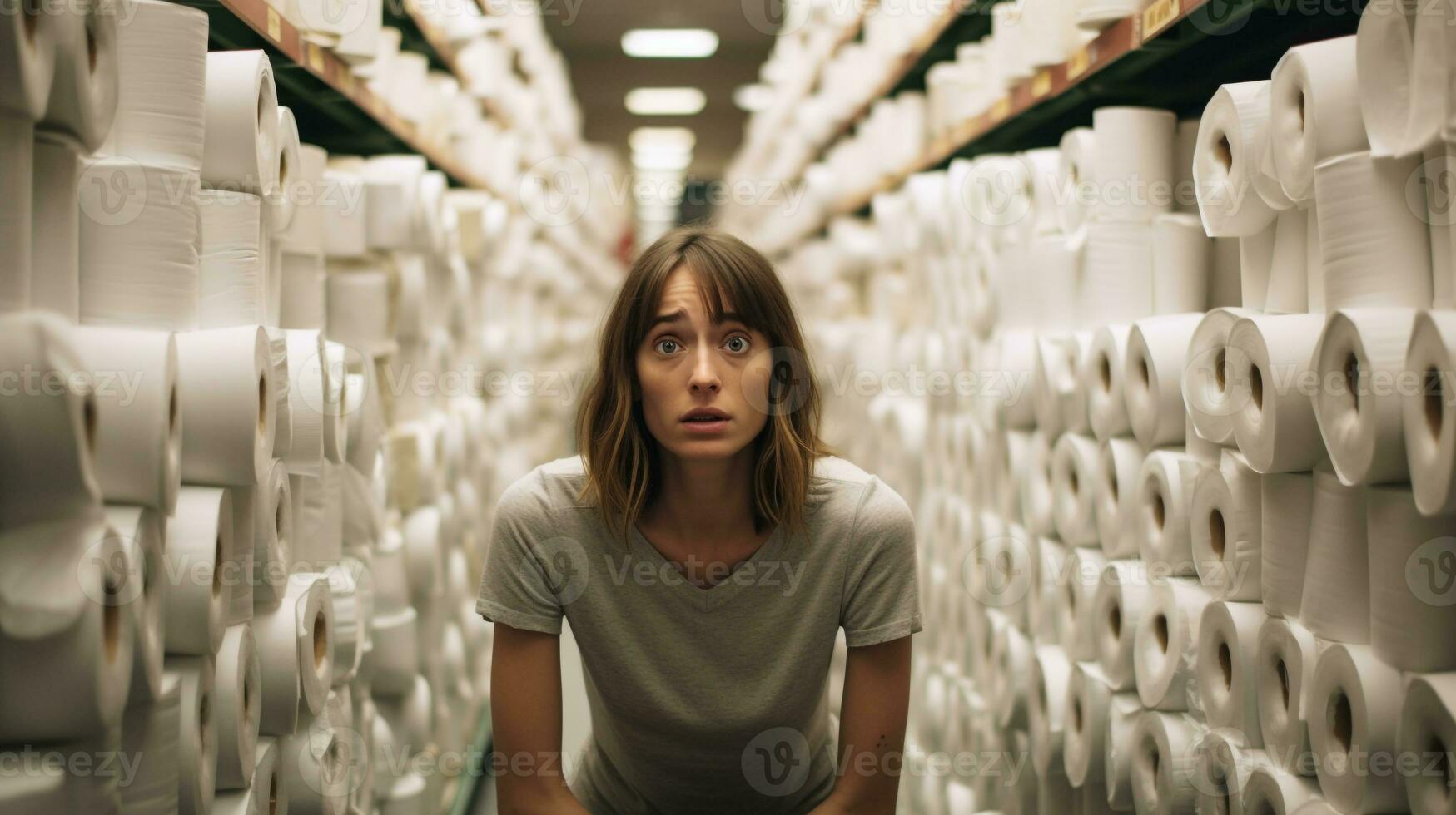 banheiro papel torres - mulher confuso reação para pânico comprando ai generativo foto