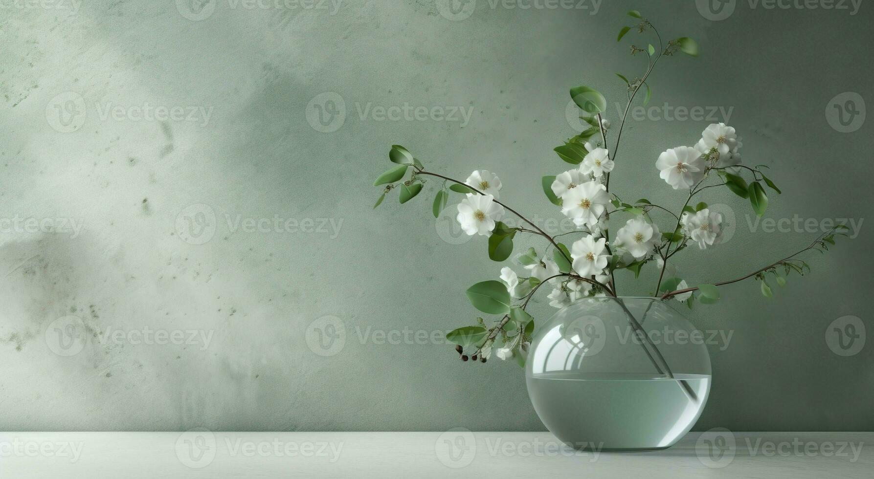 moderno vidro vaso com cereja flores dentro luz solar a partir de janela em cinzento parede, sombra em branco chão para decoração, luxo Cosmético, cuidados com a pele, beleza produtos fundo mostrar, ai generativo foto