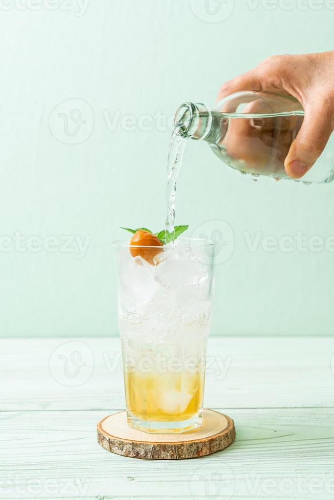 Suco de ameixa gelado com refrigerante e hortelã-pimenta na mesa de madeira - bebida refrescante foto
