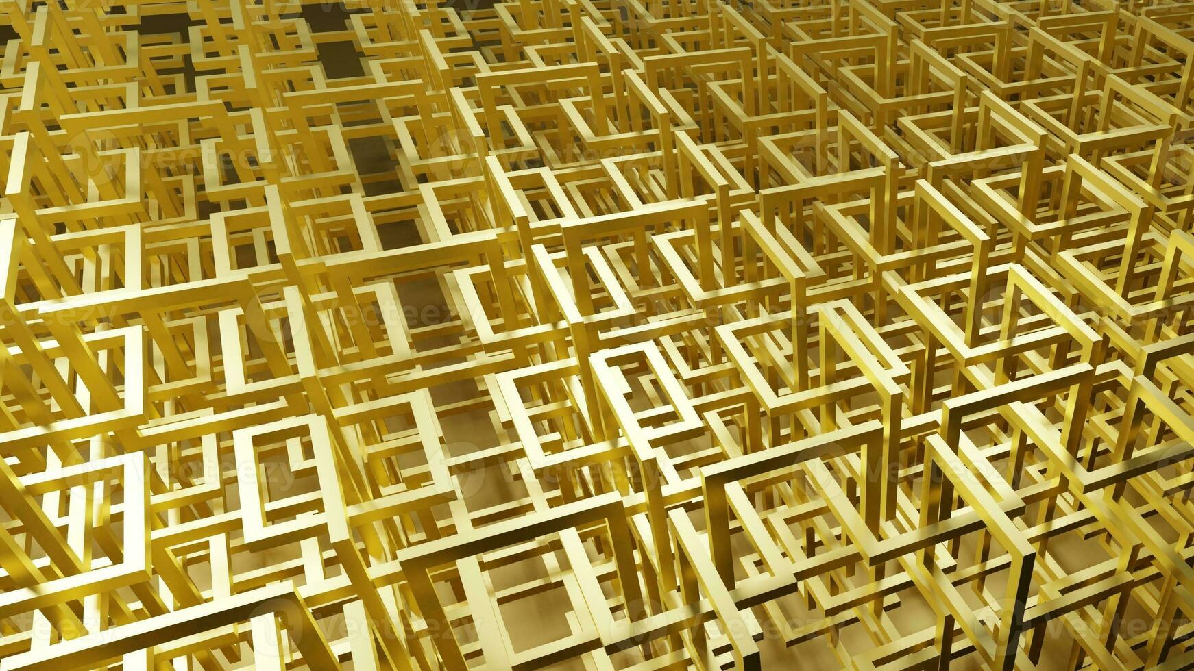 3d Renderização do dourado geométrico malha com quadrado ligações segmentos. industrial dourado treliça Produção fundo. realista ouro ilustração fundo foto