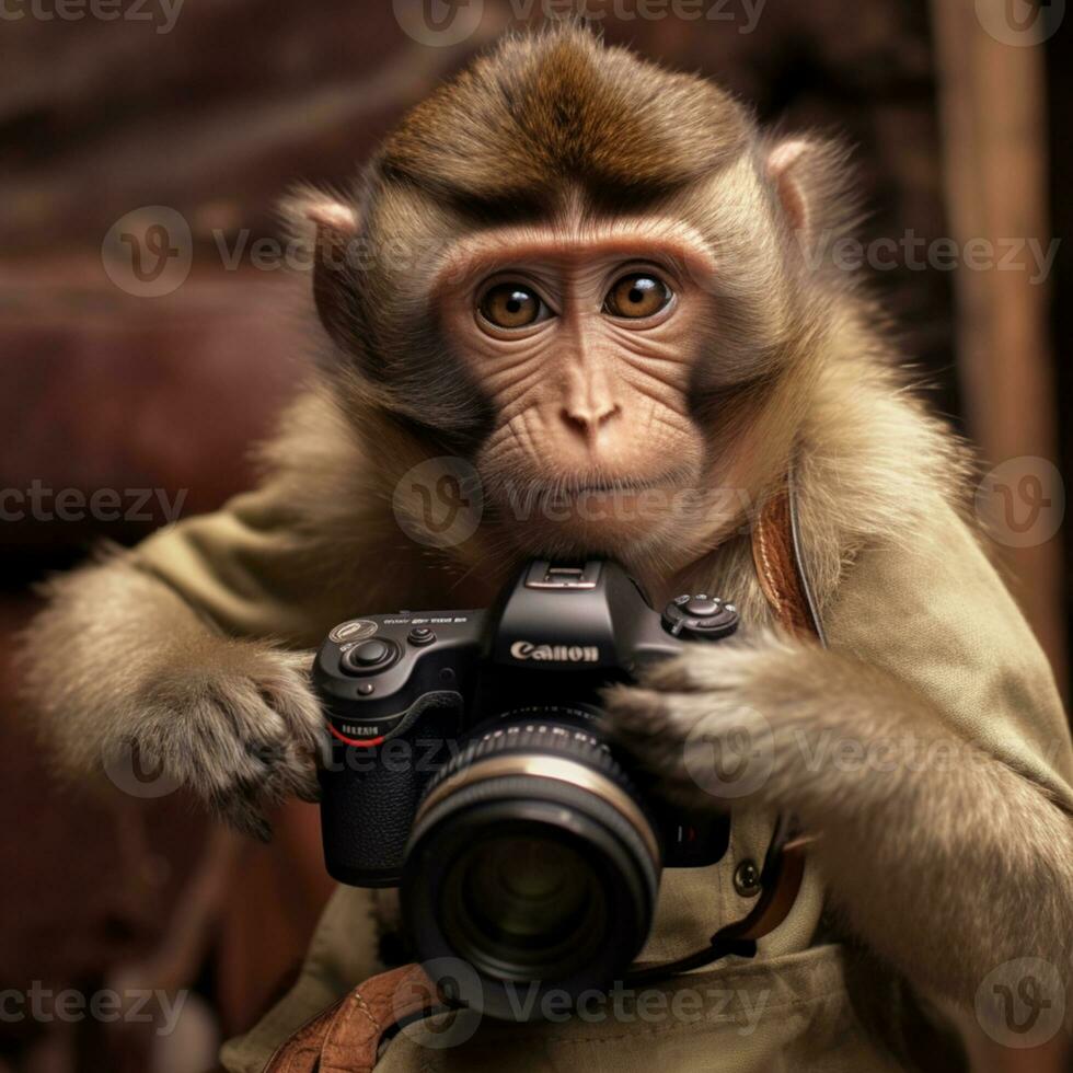 Arafa macaco segurando uma Câmera e levando uma cenário. generativo ai. foto