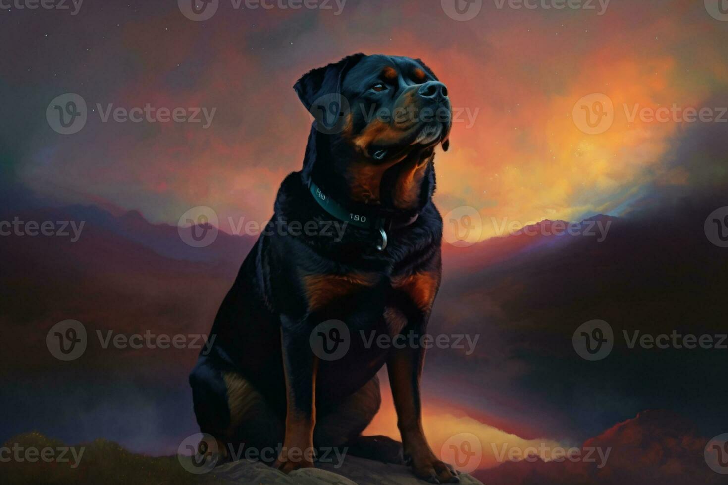 pintura do uma cachorro sentado em uma Rocha olhando acima às a céu. generativo ai. foto