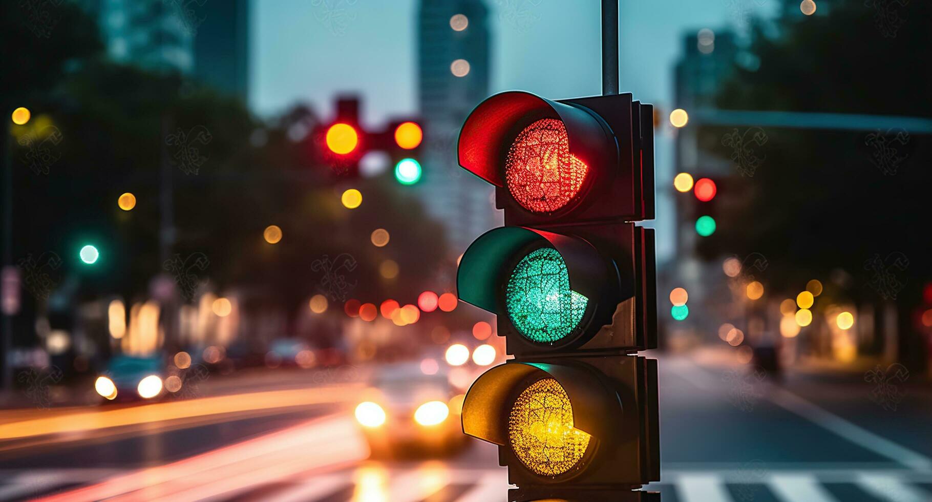 uma tráfego luz às uma rua encruzilhada com uma lindo bokeh cidade e carros dentro a fundo. generativo ai foto